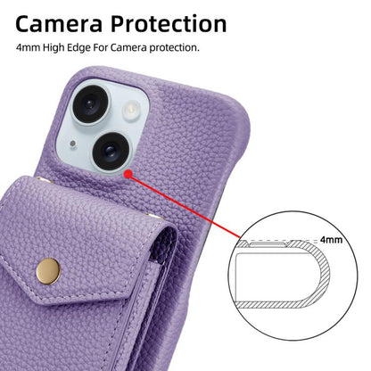 For iPhone 14 / 13 Litchi Texture Vertical Card Bag Holder Phone Case with Long Lanyard(Purple) - iPhone 14 Cases by buy2fix | Online Shopping UK | buy2fix