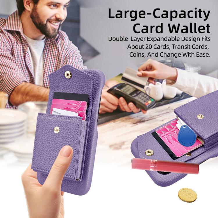For iPhone 14 / 13 Litchi Texture Vertical Card Bag Holder Phone Case with Long Lanyard(Purple) - iPhone 14 Cases by buy2fix | Online Shopping UK | buy2fix