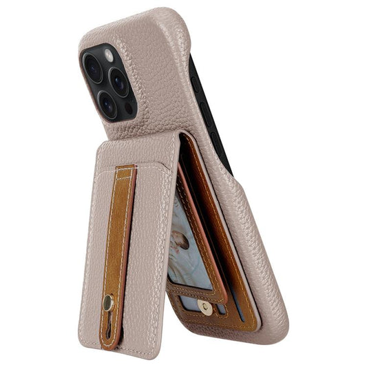 For iPhone 16 Pro Max Litchi Texture Leather Ring Card Bag Holder Phone Case(Grey) - iPhone 16 Pro Max Cases by buy2fix | Online Shopping UK | buy2fix