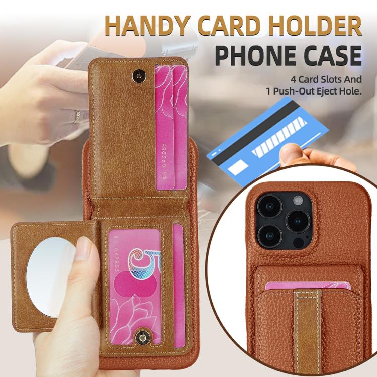 For iPhone 16 Pro Litchi Texture Leather Ring Card Bag Holder Phone Case(Brown) - iPhone 16 Pro Cases by buy2fix | Online Shopping UK | buy2fix