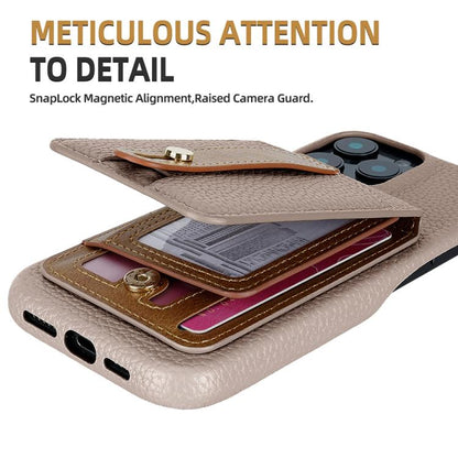 For iPhone 16 Pro Litchi Texture Leather Ring Card Bag Holder Phone Case(Grey) - iPhone 16 Pro Cases by buy2fix | Online Shopping UK | buy2fix