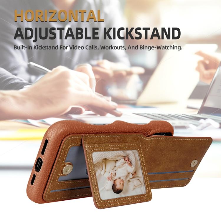 For iPhone 15 Pro Max Litchi Texture Leather Ring Card Bag Holder Phone Case(Brown) - iPhone 15 Pro Max Cases by buy2fix | Online Shopping UK | buy2fix