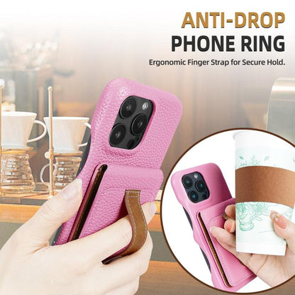 For iPhone 15 Pro Max Litchi Texture Leather Ring Card Bag Holder Phone Case(Pink) - iPhone 15 Pro Max Cases by buy2fix | Online Shopping UK | buy2fix