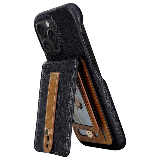 For iPhone 15 Pro Litchi Texture Leather Ring Card Bag Holder Phone Case(Black) - iPhone 15 Pro Cases by buy2fix | Online Shopping UK | buy2fix