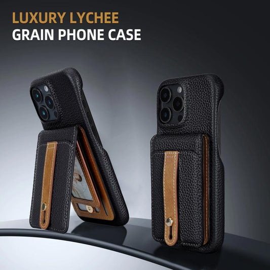 For iPhone 15 Pro Litchi Texture Leather Ring Card Bag Holder Phone Case(Black) - iPhone 15 Pro Cases by buy2fix | Online Shopping UK | buy2fix