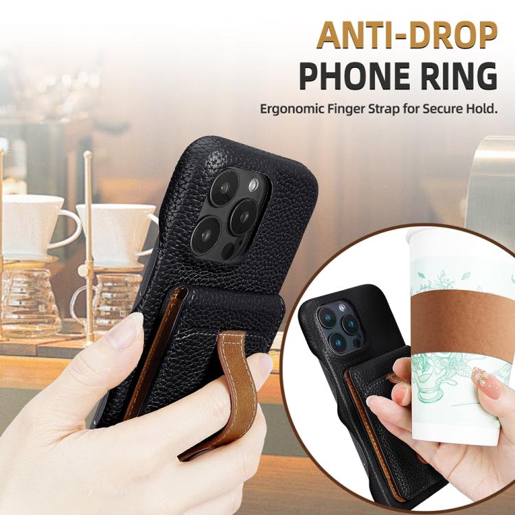For iPhone 15 Pro Litchi Texture Leather Ring Card Bag Holder Phone Case(Black) - iPhone 15 Pro Cases by buy2fix | Online Shopping UK | buy2fix