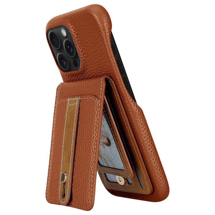 For iPhone 15 Pro Litchi Texture Leather Ring Card Bag Holder Phone Case(Brown) - iPhone 15 Pro Cases by buy2fix | Online Shopping UK | buy2fix