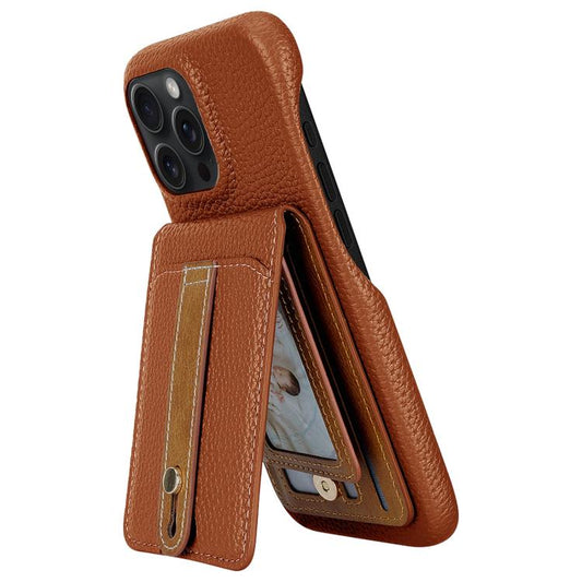 For iPhone 15 Pro Litchi Texture Leather Ring Card Bag Holder Phone Case(Brown) - iPhone 15 Pro Cases by buy2fix | Online Shopping UK | buy2fix