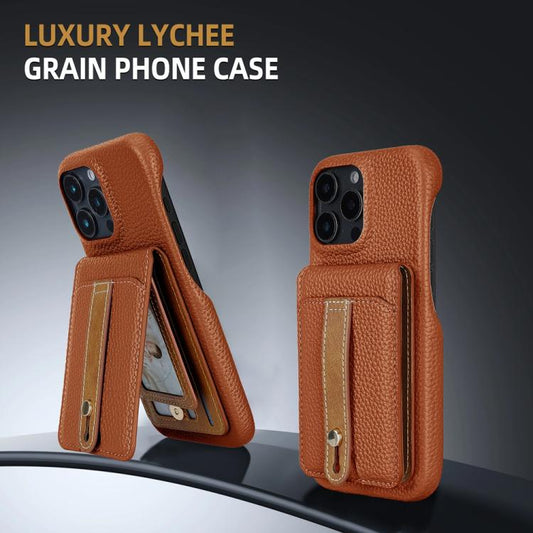 For iPhone 15 Pro Litchi Texture Leather Ring Card Bag Holder Phone Case(Brown) - iPhone 15 Pro Cases by buy2fix | Online Shopping UK | buy2fix