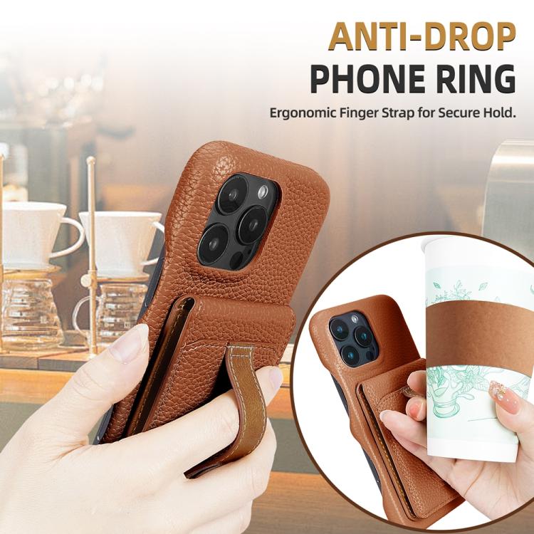 For iPhone 15 Pro Litchi Texture Leather Ring Card Bag Holder Phone Case(Brown) - iPhone 15 Pro Cases by buy2fix | Online Shopping UK | buy2fix