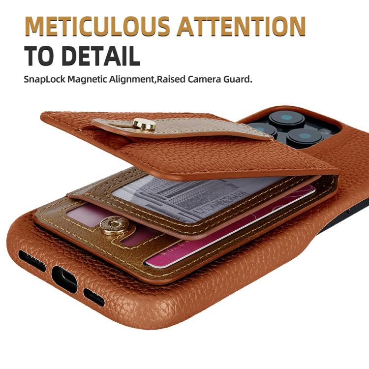 For iPhone 15 Pro Litchi Texture Leather Ring Card Bag Holder Phone Case(Brown) - iPhone 15 Pro Cases by buy2fix | Online Shopping UK | buy2fix