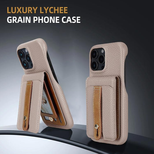 For iPhone 15 Pro Litchi Texture Leather Ring Card Bag Holder Phone Case(Grey) - iPhone 15 Pro Cases by buy2fix | Online Shopping UK | buy2fix