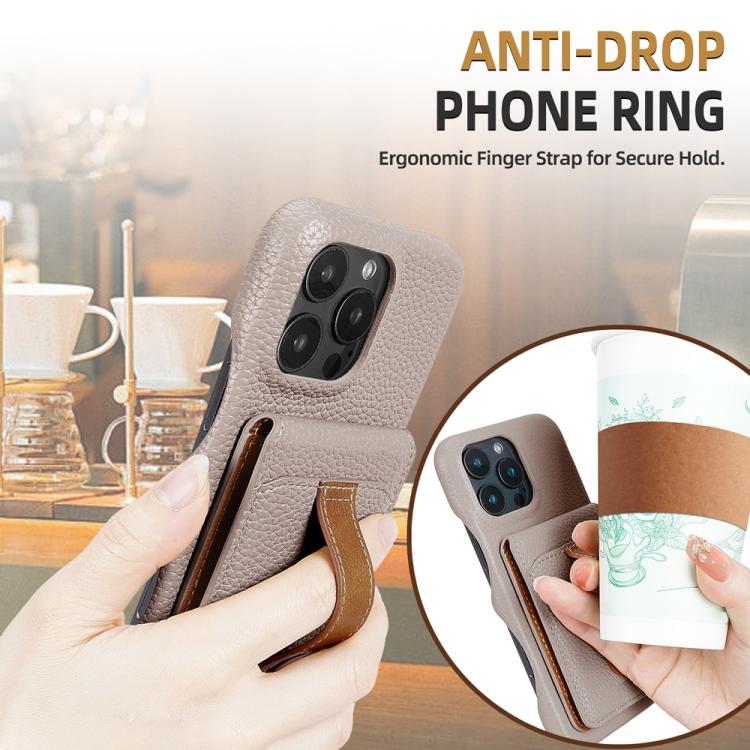 For iPhone 15 Pro Litchi Texture Leather Ring Card Bag Holder Phone Case(Grey) - iPhone 15 Pro Cases by buy2fix | Online Shopping UK | buy2fix