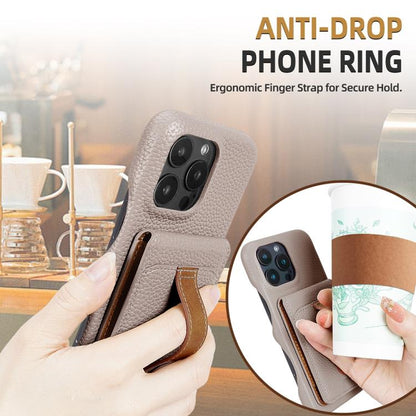 For iPhone 15 Pro Litchi Texture Leather Ring Card Bag Holder Phone Case(Grey) - iPhone 15 Pro Cases by buy2fix | Online Shopping UK | buy2fix