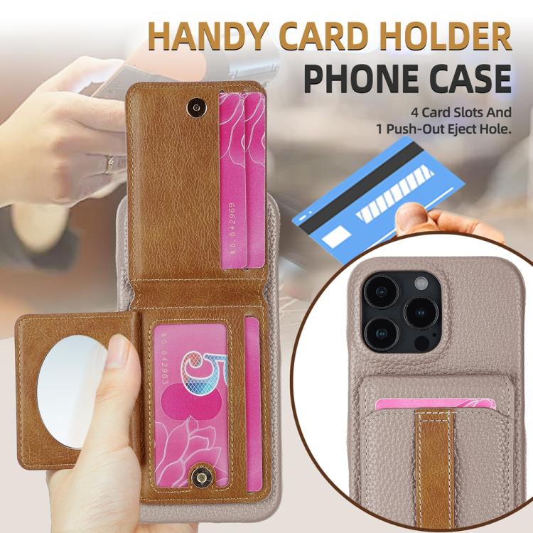For iPhone 15 Pro Litchi Texture Leather Ring Card Bag Holder Phone Case(Grey) - iPhone 15 Pro Cases by buy2fix | Online Shopping UK | buy2fix