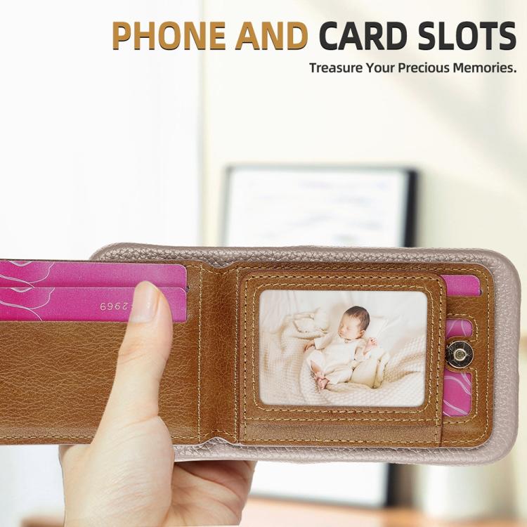 For iPhone 15 Pro Litchi Texture Leather Ring Card Bag Holder Phone Case(Grey) - iPhone 15 Pro Cases by buy2fix | Online Shopping UK | buy2fix