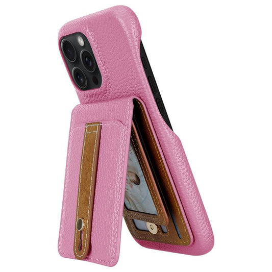 For iPhone 15 Pro Litchi Texture Leather Ring Card Bag Holder Phone Case(Pink) - iPhone 15 Pro Cases by buy2fix | Online Shopping UK | buy2fix