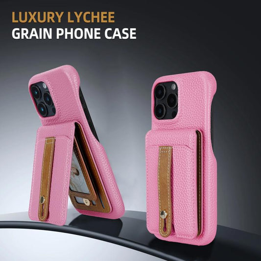 For iPhone 15 Pro Litchi Texture Leather Ring Card Bag Holder Phone Case(Pink) - iPhone 15 Pro Cases by buy2fix | Online Shopping UK | buy2fix