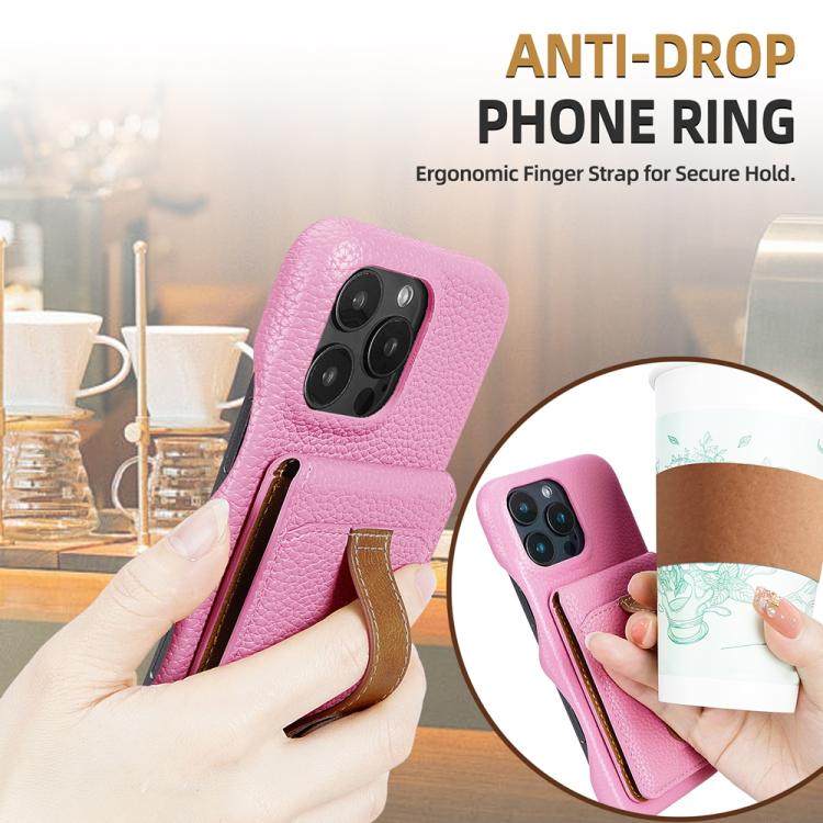For iPhone 15 Pro Litchi Texture Leather Ring Card Bag Holder Phone Case(Pink) - iPhone 15 Pro Cases by buy2fix | Online Shopping UK | buy2fix