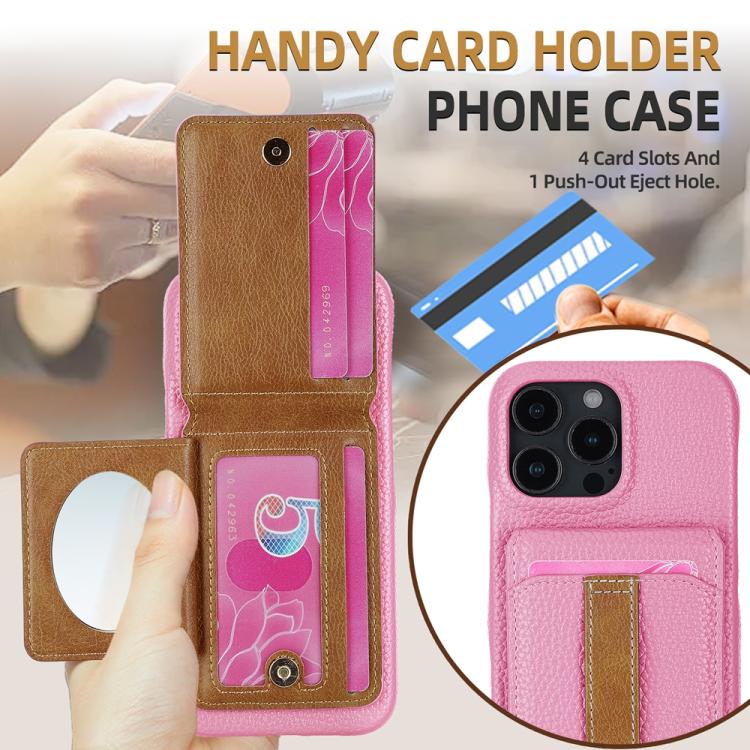For iPhone 15 Pro Litchi Texture Leather Ring Card Bag Holder Phone Case(Pink) - iPhone 15 Pro Cases by buy2fix | Online Shopping UK | buy2fix