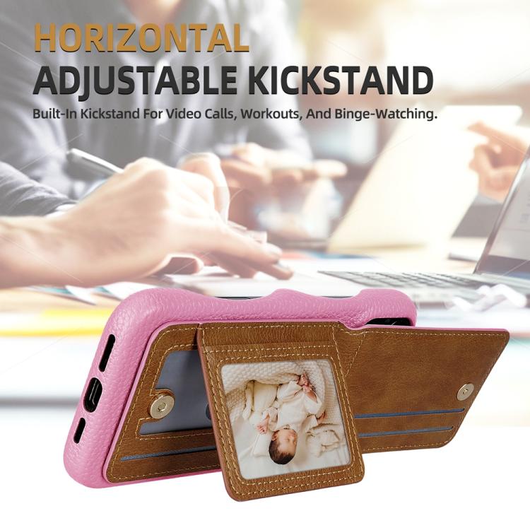 For iPhone 15 Pro Litchi Texture Leather Ring Card Bag Holder Phone Case(Pink) - iPhone 15 Pro Cases by buy2fix | Online Shopping UK | buy2fix