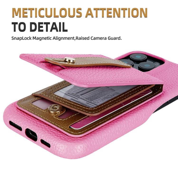 For iPhone 15 Pro Litchi Texture Leather Ring Card Bag Holder Phone Case(Pink) - iPhone 15 Pro Cases by buy2fix | Online Shopping UK | buy2fix