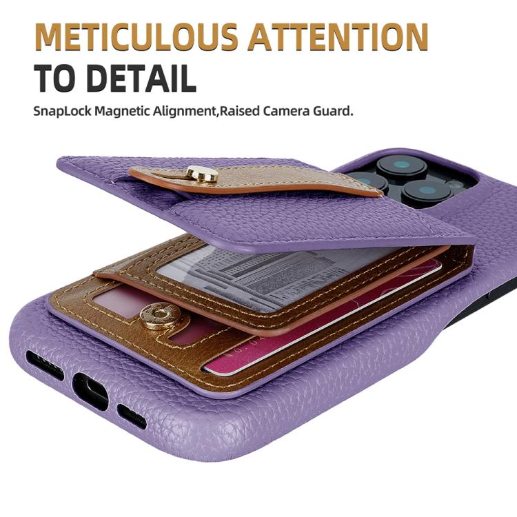 For iPhone 15 Pro Litchi Texture Leather Ring Card Bag Holder Phone Case(Purple) - iPhone 15 Pro Cases by buy2fix | Online Shopping UK | buy2fix