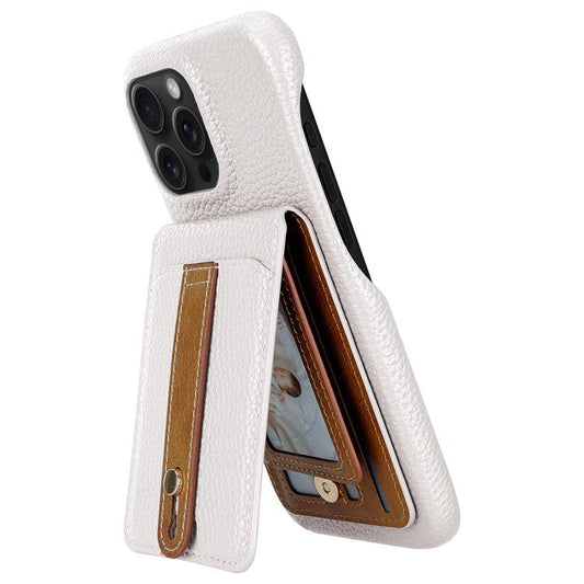 For iPhone 15 Pro Litchi Texture Leather Ring Card Bag Holder Phone Case(White) - iPhone 15 Pro Cases by buy2fix | Online Shopping UK | buy2fix