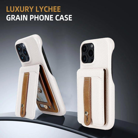 For iPhone 15 Pro Litchi Texture Leather Ring Card Bag Holder Phone Case(White) - iPhone 15 Pro Cases by buy2fix | Online Shopping UK | buy2fix