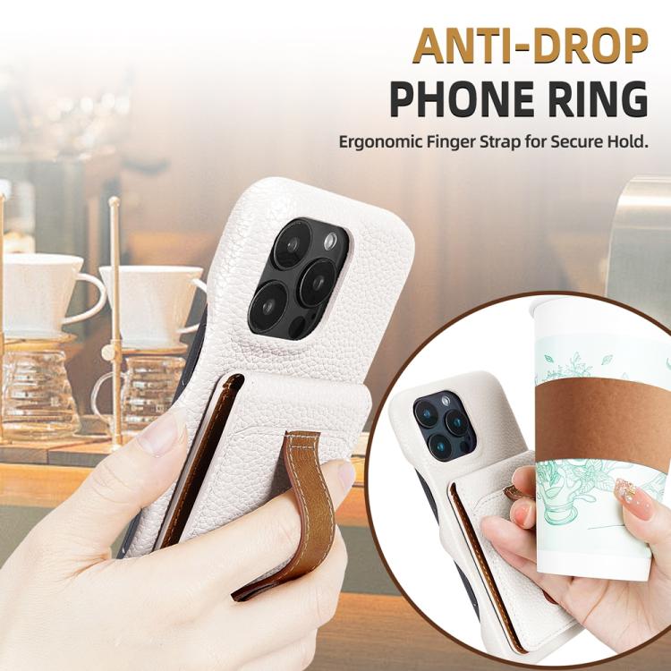 For iPhone 15 Pro Litchi Texture Leather Ring Card Bag Holder Phone Case(White) - iPhone 15 Pro Cases by buy2fix | Online Shopping UK | buy2fix