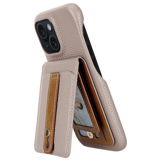 For iPhone 15 Litchi Texture Leather Ring Card Bag Holder Phone Case(Grey) - iPhone 15 Cases by buy2fix | Online Shopping UK | buy2fix