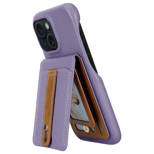 For iPhone 15 Litchi Texture Leather Ring Card Bag Holder Phone Case(Purple) - iPhone 15 Cases by buy2fix | Online Shopping UK | buy2fix