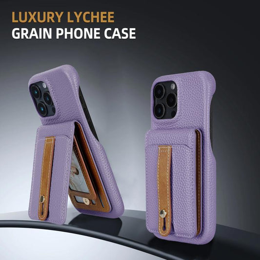 For iPhone 15 Litchi Texture Leather Ring Card Bag Holder Phone Case(Purple) - iPhone 15 Cases by buy2fix | Online Shopping UK | buy2fix