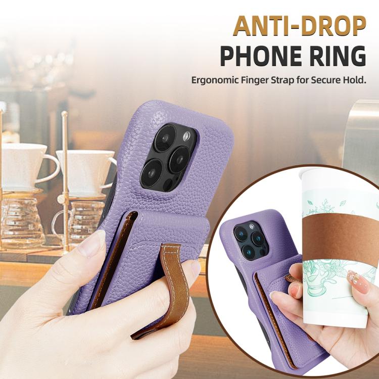 For iPhone 15 Litchi Texture Leather Ring Card Bag Holder Phone Case(Purple) - iPhone 15 Cases by buy2fix | Online Shopping UK | buy2fix