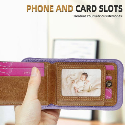 For iPhone 15 Litchi Texture Leather Ring Card Bag Holder Phone Case(Purple) - iPhone 15 Cases by buy2fix | Online Shopping UK | buy2fix