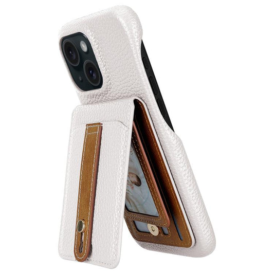 For iPhone 15 Litchi Texture Leather Ring Card Bag Holder Phone Case(White) - iPhone 15 Cases by buy2fix | Online Shopping UK | buy2fix