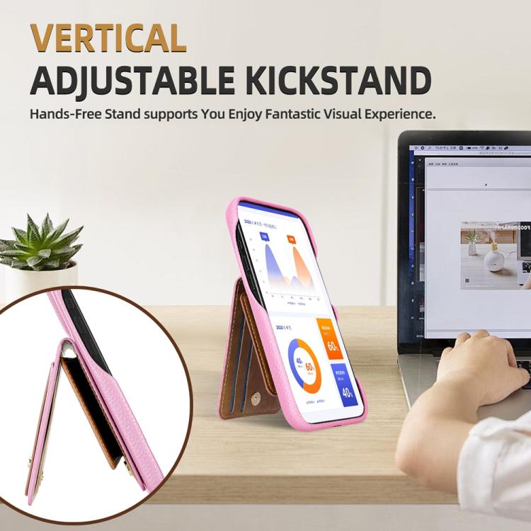 For iPhone 14 / 13 Litchi Texture Leather Ring Card Bag Holder Phone Case(Pink) - iPhone 14 Cases by buy2fix | Online Shopping UK | buy2fix