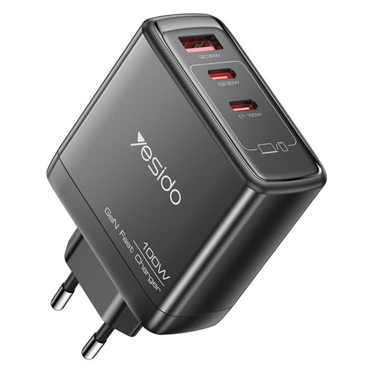 Yesido YC142 PD100W 2 USB-C , USB-A Three Ports GaN Fast Charger, Plug:EU Plug(Black) - USB Charger by Yesido | Online Shopping UK | buy2fix