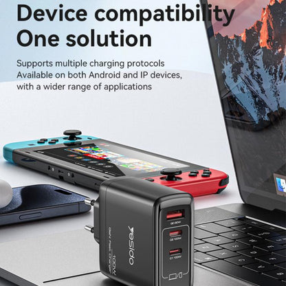 Yesido YC142 PD100W 2 USB-C , USB-A Three Ports GaN Fast Charger, Plug:EU Plug(Black) - USB Charger by Yesido | Online Shopping UK | buy2fix