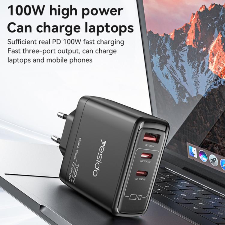 Yesido YC95 PD100W 2 USB-C , USB-A Three Ports GaN Fast Charger, Plug:UK Plug(Black) - USB Charger by Yesido | Online Shopping UK | buy2fix
