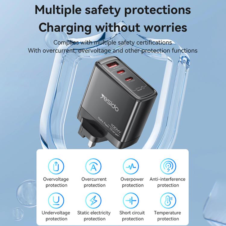 Yesido YC95 PD100W 2 USB-C , USB-A Three Ports GaN Fast Charger, Plug:UK Plug(Black) - USB Charger by Yesido | Online Shopping UK | buy2fix