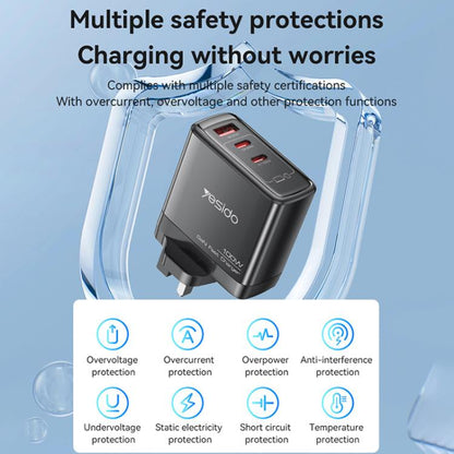 Yesido YC95 PD100W 2 USB-C , USB-A Three Ports GaN Fast Charger, Plug:UK Plug(Black) - USB Charger by Yesido | Online Shopping UK | buy2fix