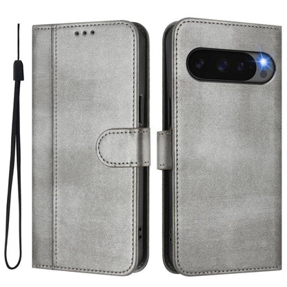 For Google Pixel 10 / 10 Pro / Pixel 9 / 9 Pro Line Splicing Buckle Retro Leather Phone Case(Grey) - Google Cases by buy2fix | Online Shopping UK | buy2fix