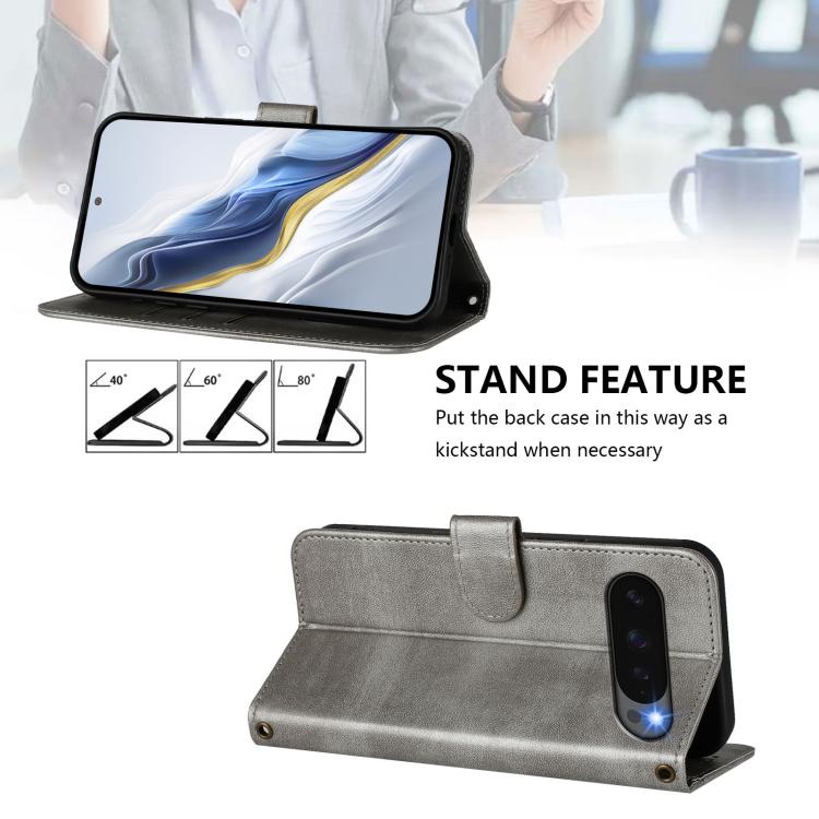 For Google Pixel 10 / 10 Pro / Pixel 9 / 9 Pro Line Splicing Buckle Retro Leather Phone Case(Grey) - Google Cases by buy2fix | Online Shopping UK | buy2fix