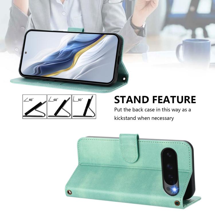 For Google Pixel 9 Pro XL / Pixel 10 Pro XL Line Splicing Buckle Retro Leather Phone Case(Mint Green) - Google Cases by buy2fix | Online Shopping UK | buy2fix