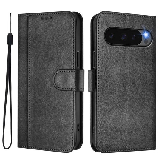 For Google Pixel 9 Pro XL / Pixel 10 Pro XL Line Splicing Buckle Retro Leather Phone Case(Black) - Google Cases by buy2fix | Online Shopping UK | buy2fix