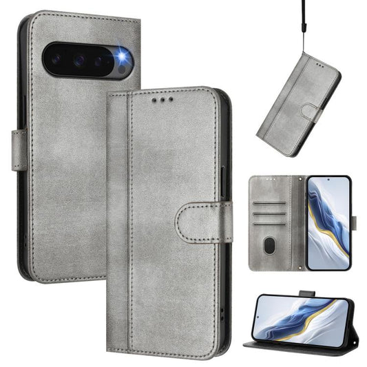 For Google Pixel 9 Pro XL / Pixel 10 Pro XL Line Splicing Buckle Retro Leather Phone Case(Grey) - Google Cases by buy2fix | Online Shopping UK | buy2fix
