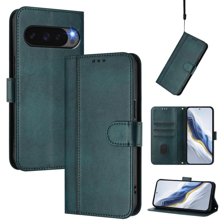 For Google Pixel 9 Pro XL / Pixel 10 Pro XL Line Splicing Buckle Retro Leather Phone Case(Dark Green) - Google Cases by buy2fix | Online Shopping UK | buy2fix