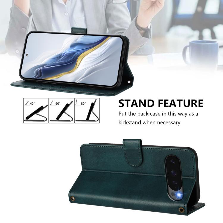 For Google Pixel 9 Pro XL / Pixel 10 Pro XL Line Splicing Buckle Retro Leather Phone Case(Dark Green) - Google Cases by buy2fix | Online Shopping UK | buy2fix