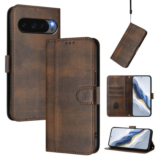 For Google Pixel 9 Pro XL / Pixel 10 Pro XL Line Splicing Buckle Retro Leather Phone Case(Brown) - Google Cases by buy2fix | Online Shopping UK | buy2fix